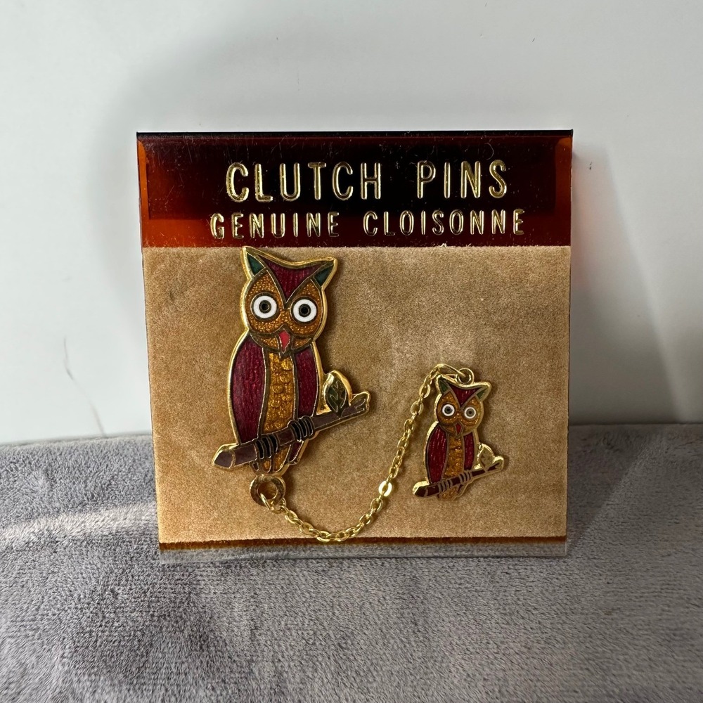 Vintage Genuine Cloisonne Owl Clutch Pins Mother Baby Chained Gold Tone Lapel‎